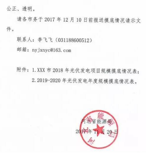 頭條！河北能源局發(fā)布《關(guān)于對2018-2020年光伏發(fā)電項目建設(shè)規(guī)模進行摸底工作的通知》