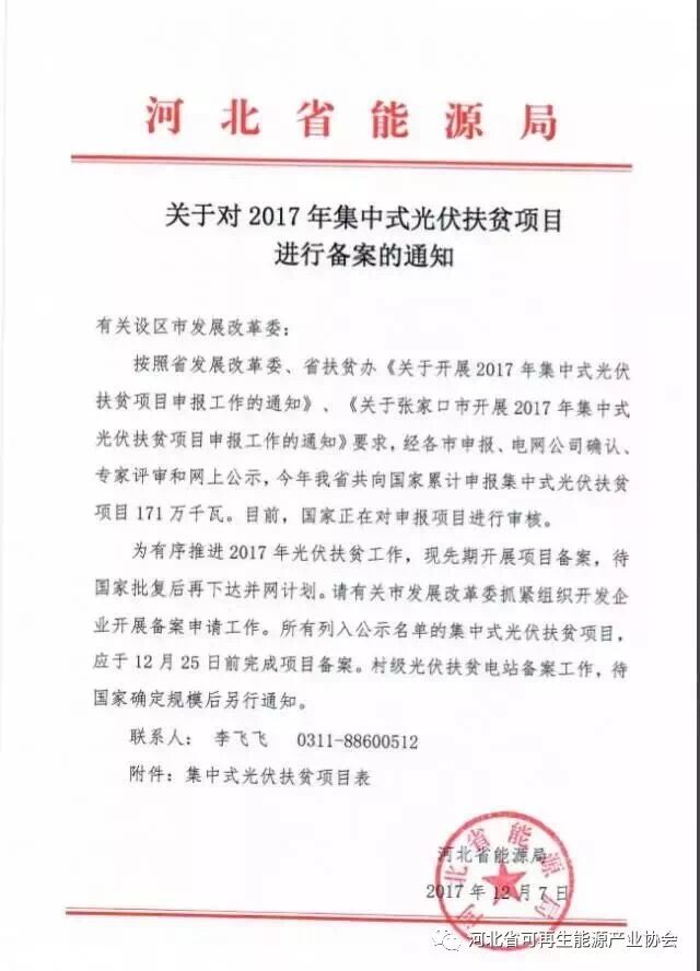 河北對2017年171萬千瓦集中式光伏扶貧項目進(jìn)行備案