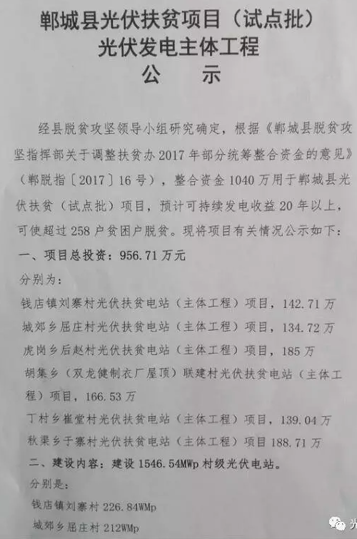 1546.54MW！河南鄲城縣公示光伏扶貧項(xiàng)目（試點(diǎn)批）光伏發(fā)電主體工程