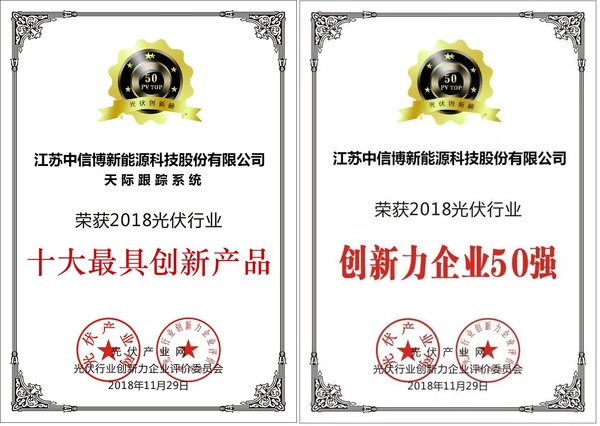 中信博天際跟蹤系統(tǒng)榮膺“2018年光伏行業(yè)十大最具創(chuàng)新產(chǎn)品”獎(jiǎng)